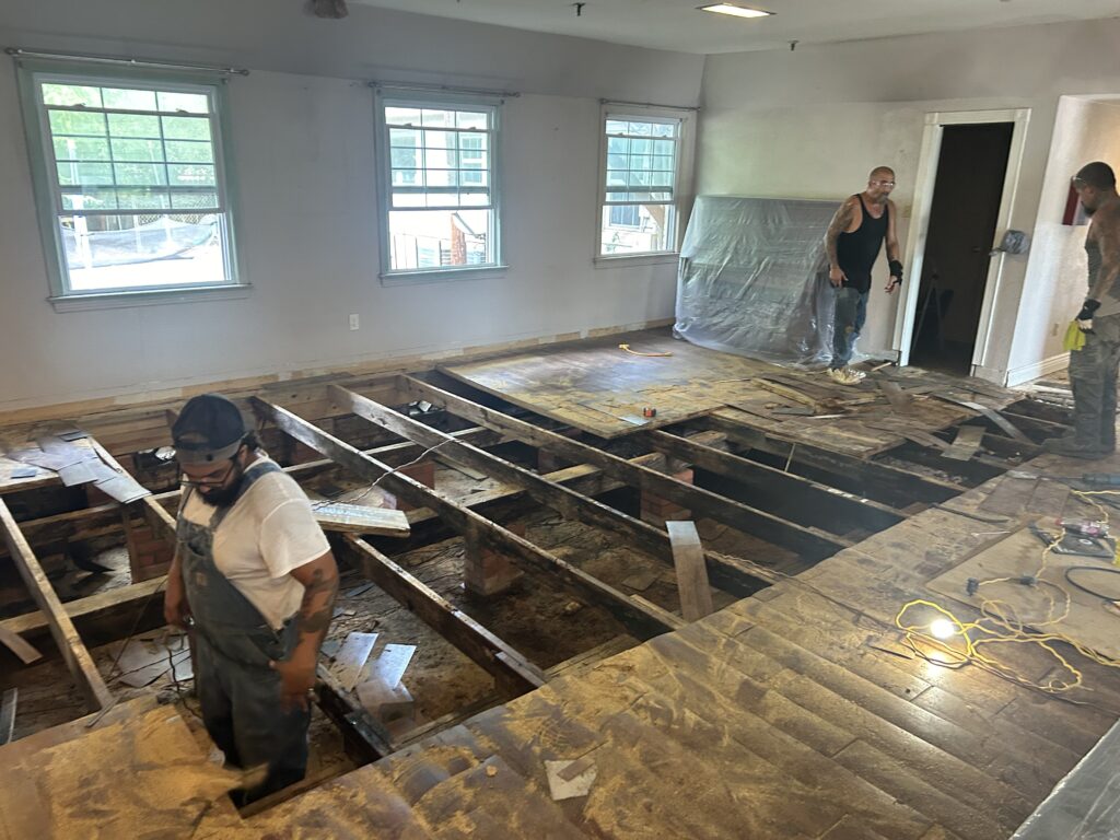 Home renovation with exposed floor beams