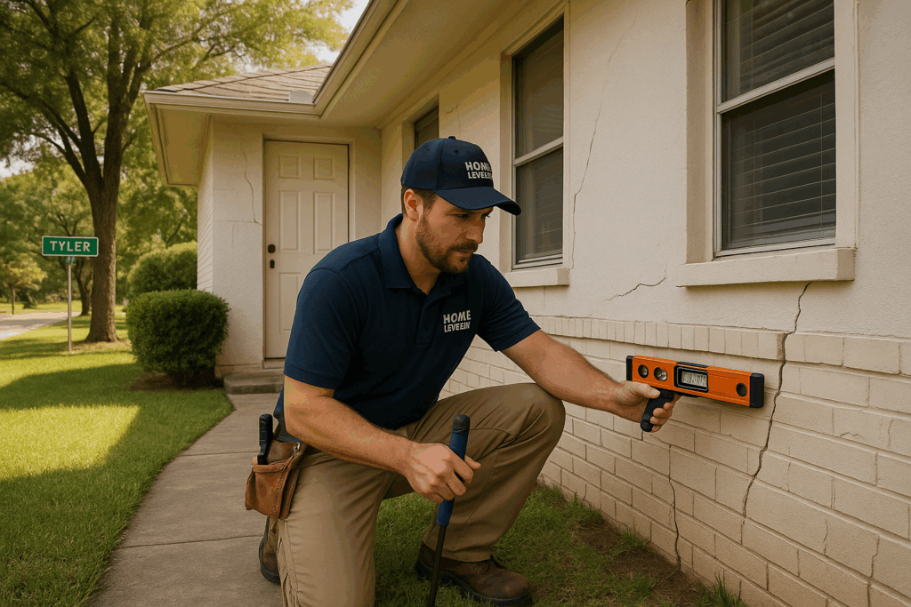 Man checking foundation issues in home.