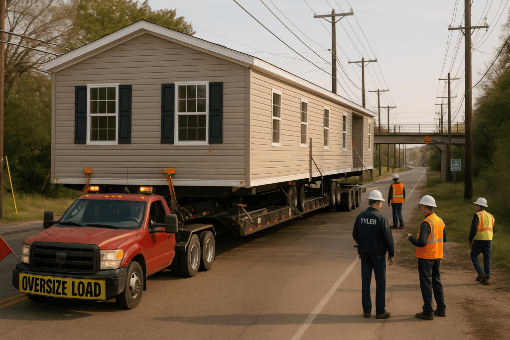Mobile home being transported on road