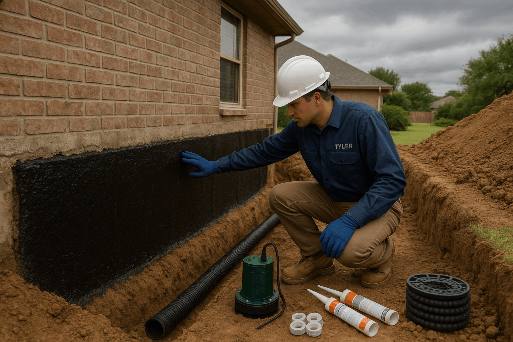 Man applying waterproofing to foundation