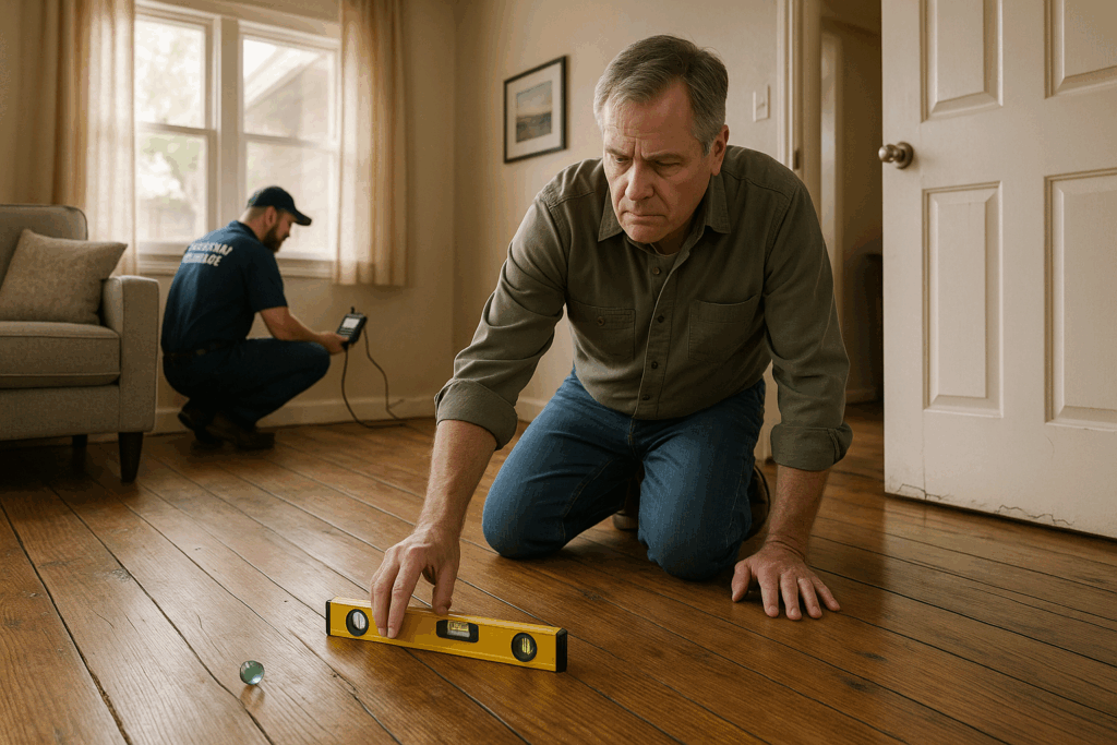 Workers repairing foundation near house.