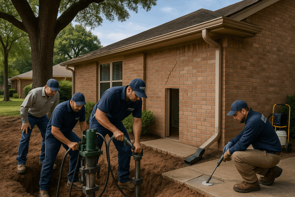 Workers repairing foundation near house.