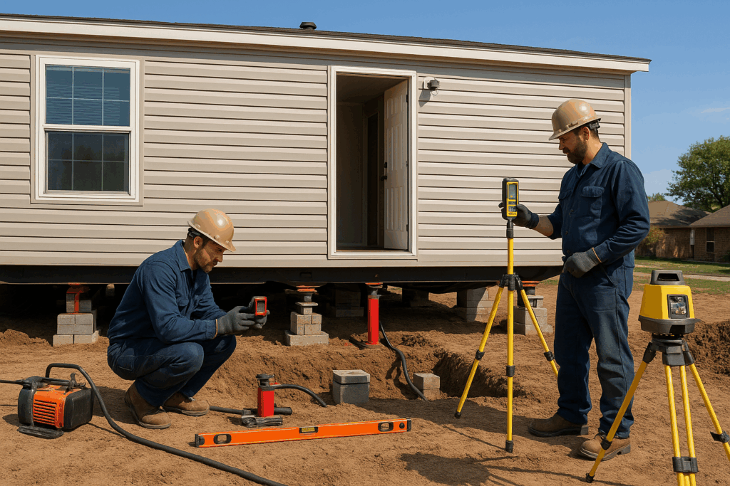 Construction workers leveling a foundation.